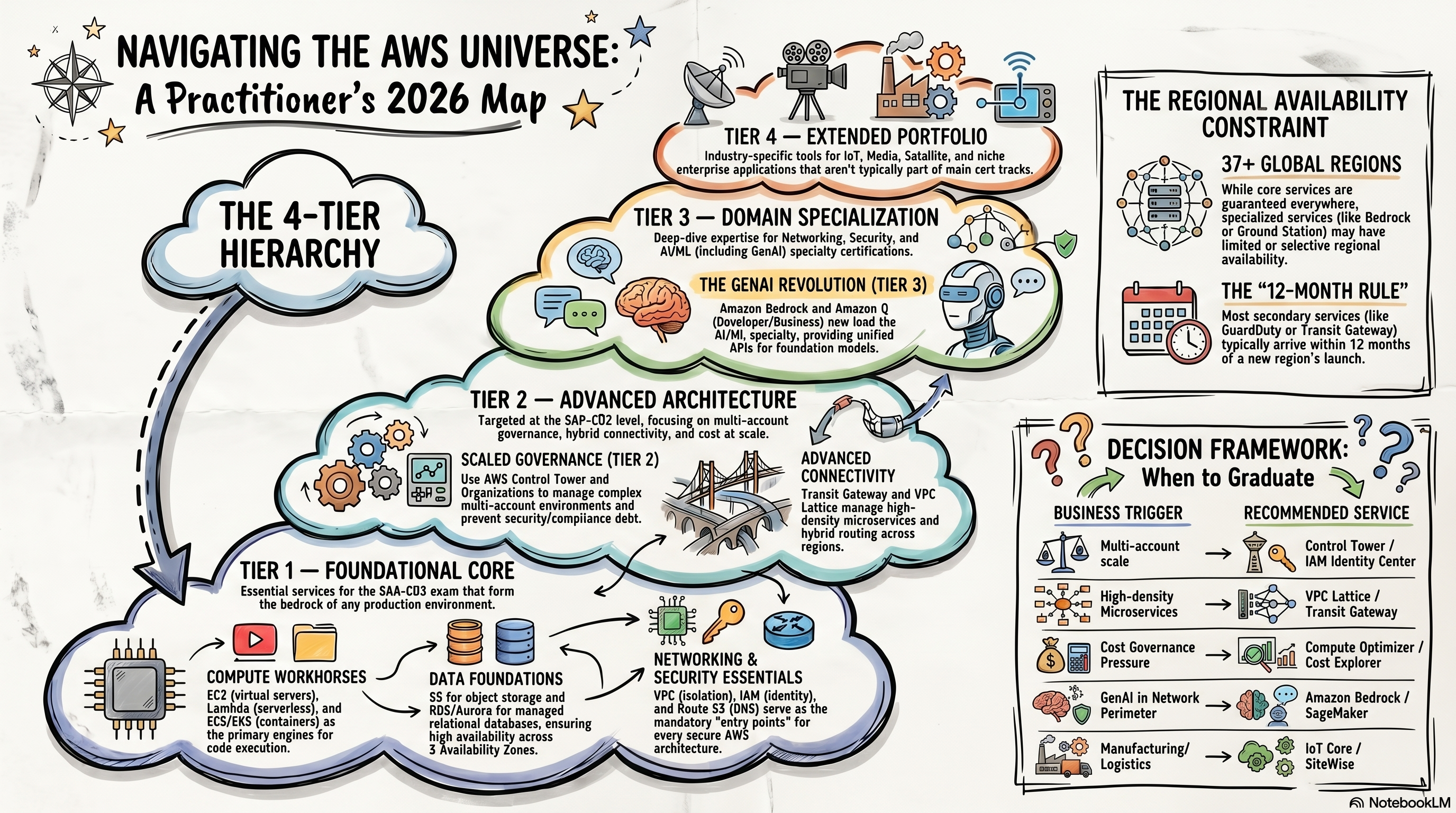 Infographic illustrating AWS service tiers as a four-level mountain landscape. At the base (Tier 1 — The Foundational Bedrock) sit core services: EC2, S3, RDS, and VPC represented as stone blocks. Layer two (Tier 2 — Governance at Scale) shows locked gates and control towers for advanced multi-account management. Layer three (Tier 3 — Deep Domain Expertise) displays specialized domes labeled AI (Bedrock), Security (Security Lake), and Networking, surrounded by protective infrastructure. The summit (Tier 4 — Industry-Specific Niche) features satellite dishes, IoT sensors, media broadcast towers, and plant growth icons representing specialized services.